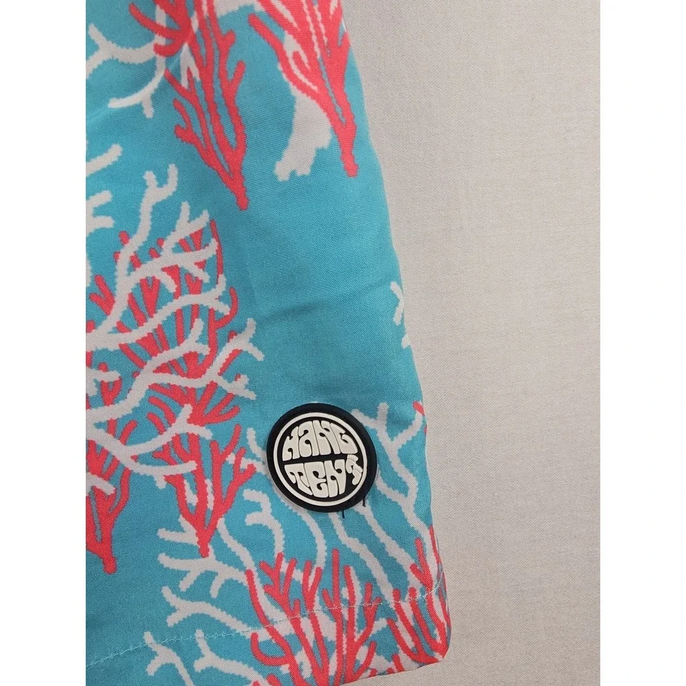 Hang Ten Men's M‎ Swim Trunks Coral Reef Blue Pink Elastic Waist Drawstring
